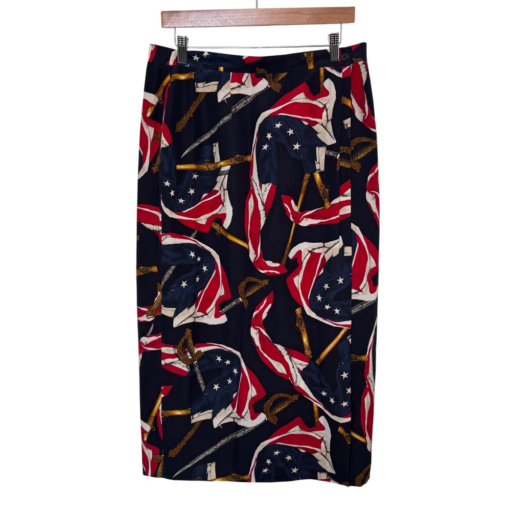 Vtg Jones NY Silk Midi Skirt 16 Navy Blue Flag Saber Print Patriotic Americana